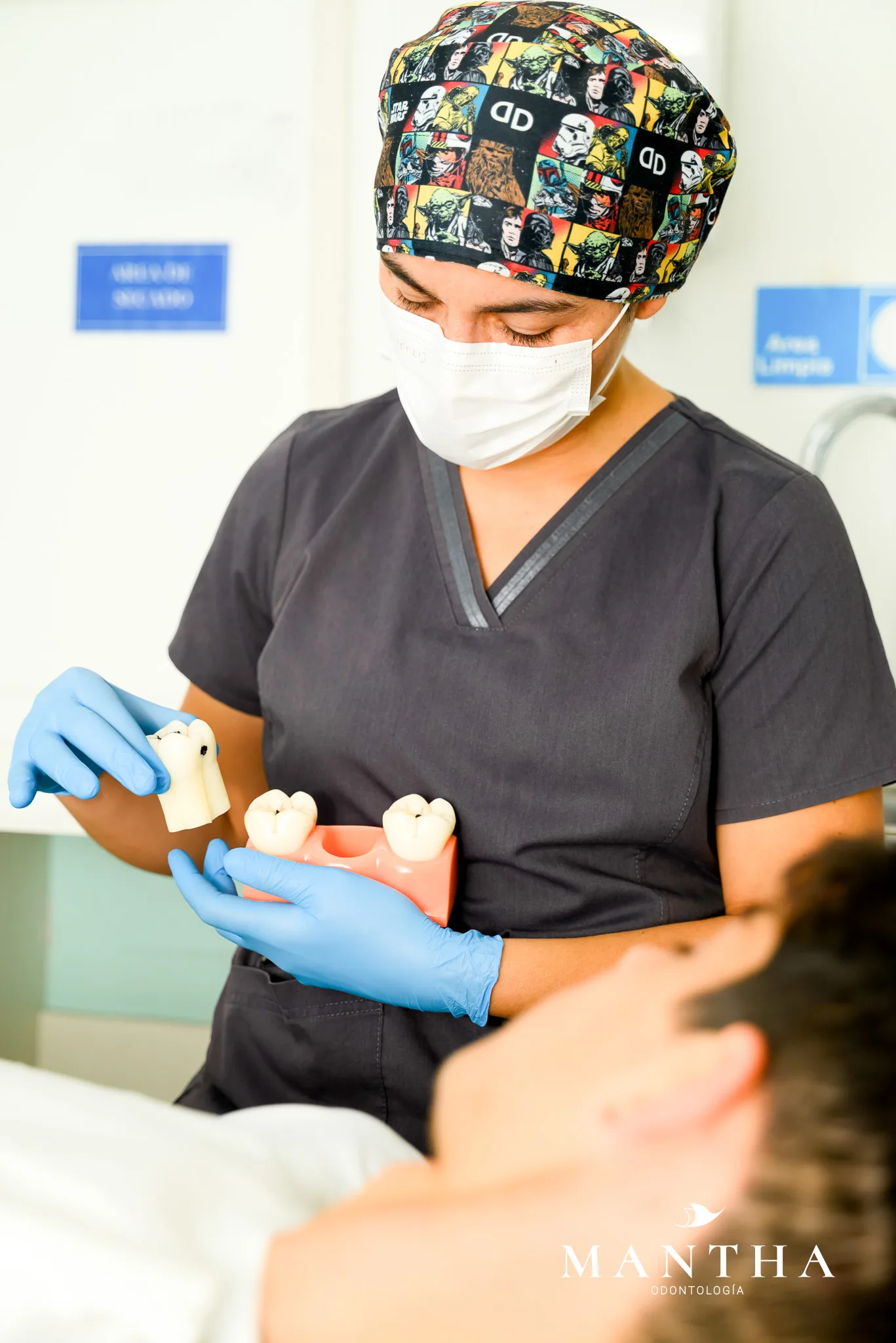 Dentista explicando con un modelo dental